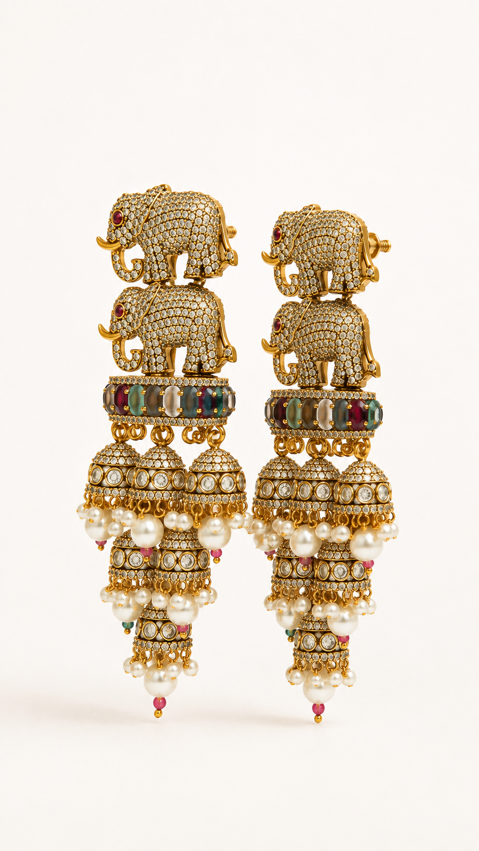 Royal Elephant Traditional Jhumka Earrings with Multicolour Stones & White Bead Drops