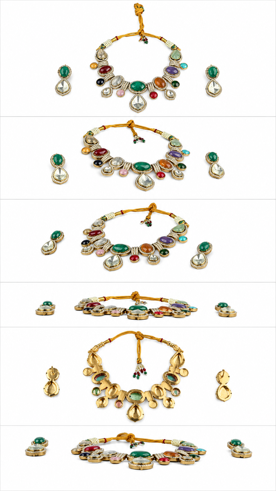 Multicolour Traditional Stone-Studded Necklace Set with Green Centre Stone & Matching Earrings