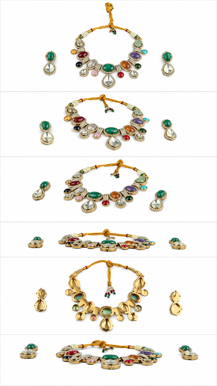 Multicolour Traditional Stone-Studded Necklace Set with Green Centre Stone & Matching Earrings