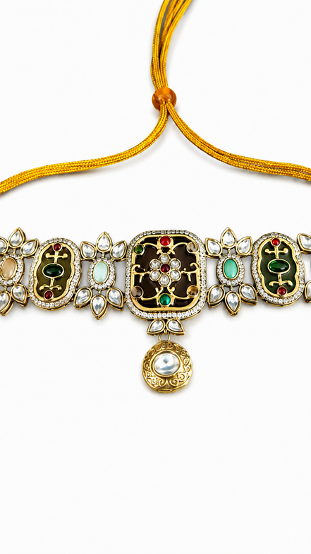 Traditional Meenakari-Inspired Stone-Studded Choker Necklace Set with Matching Earrings