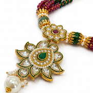Royal Traditional White Bead Necklace Set with Green & Magenta Beads and Matching Earrings