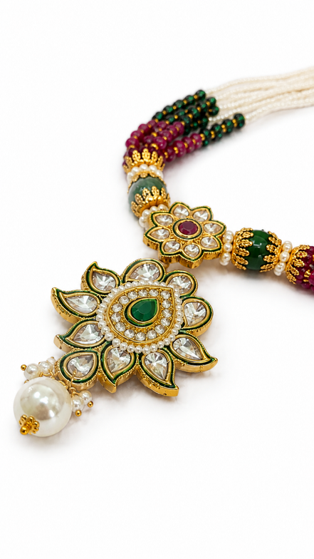 Royal Traditional White Bead Necklace Set with Green & Magenta Beads and Matching Earrings
